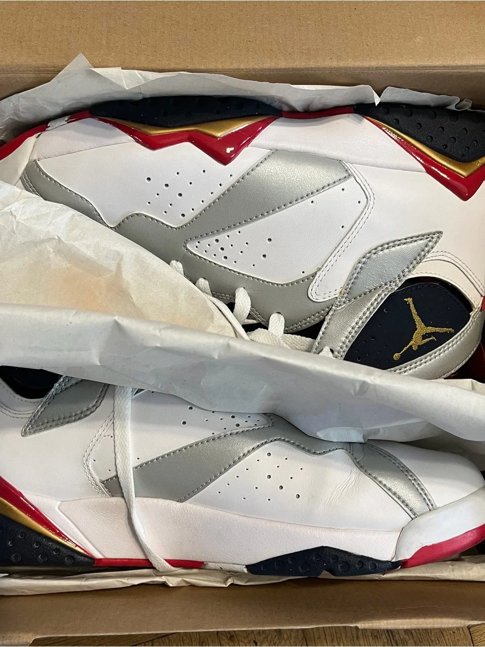 Jordan White Silver Navy Sneakers with Red & Gold Accents